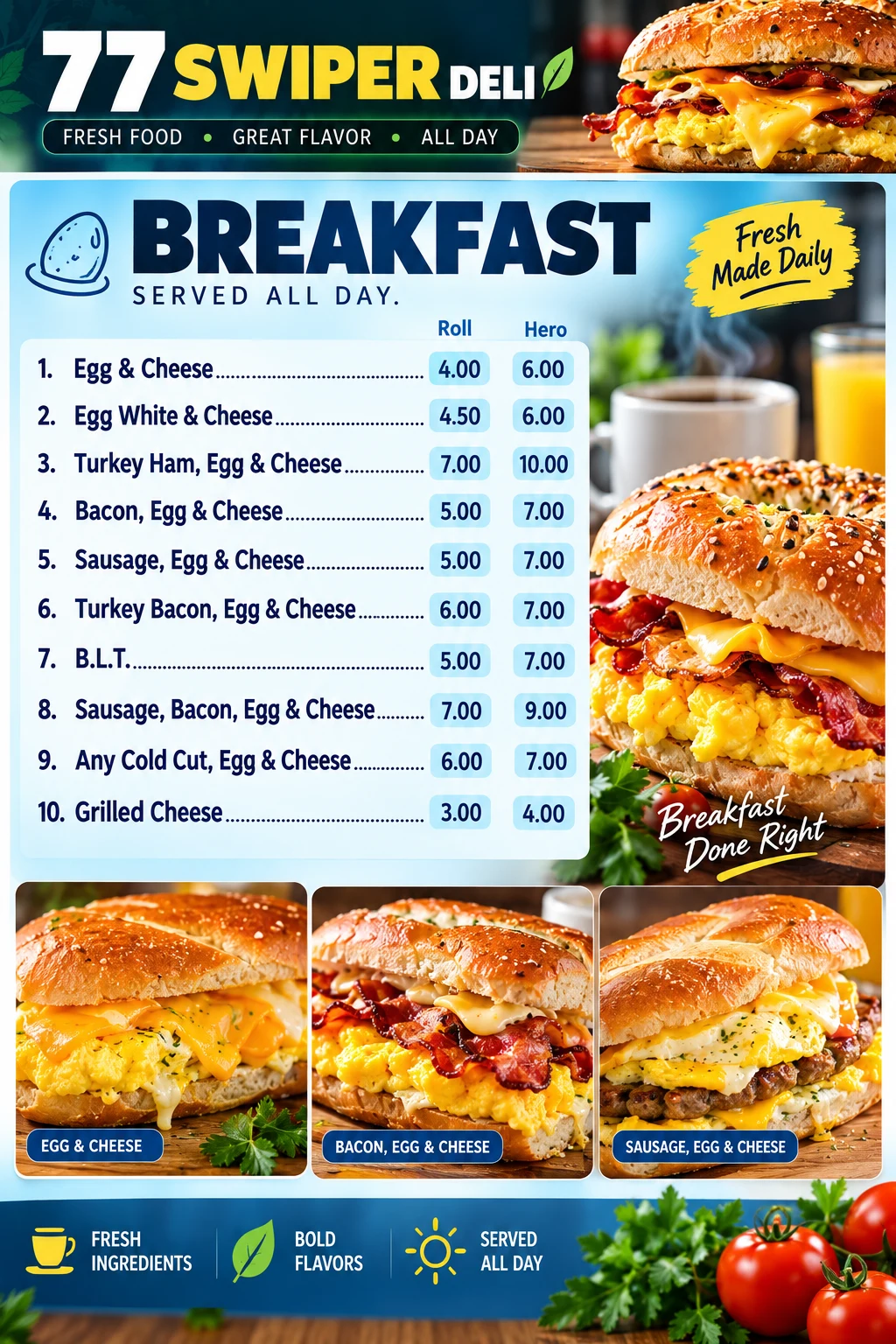 77 Swiper Deli breakfast menu poster