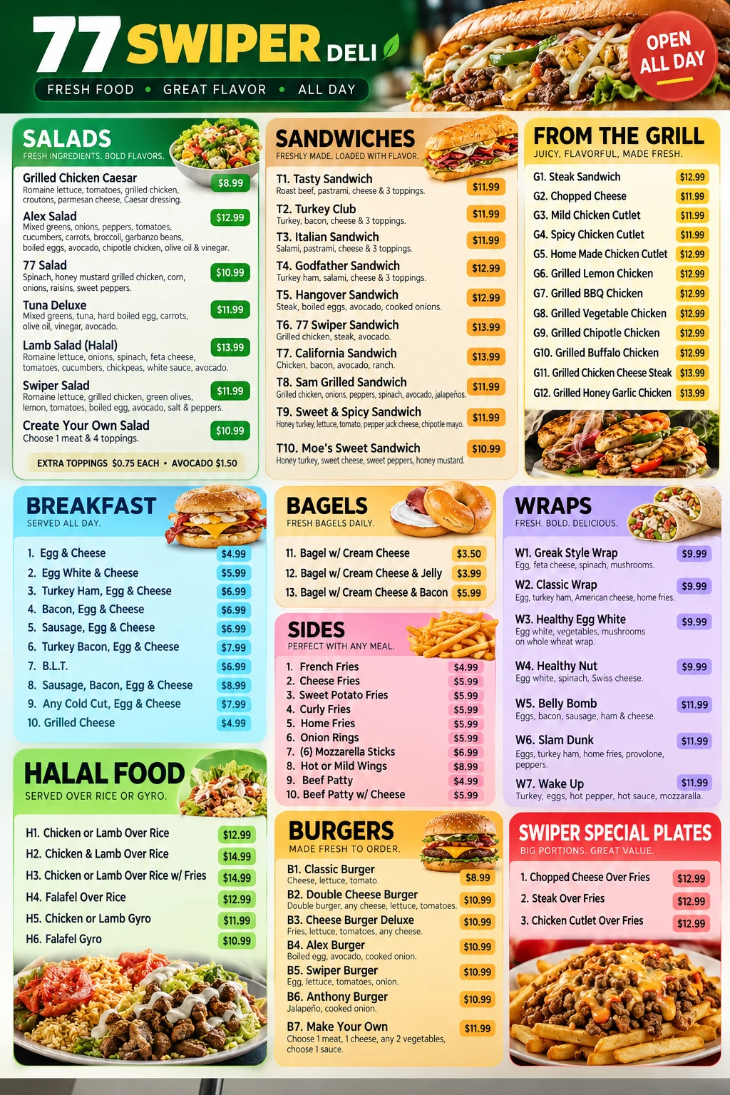 77 Swiper Deli full menu board