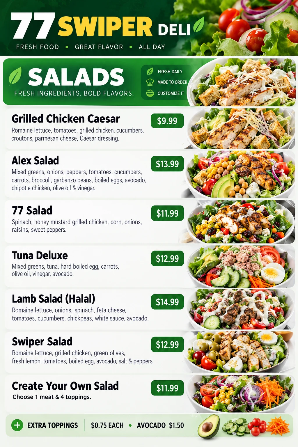 77 Swiper Deli fresh salads menu
