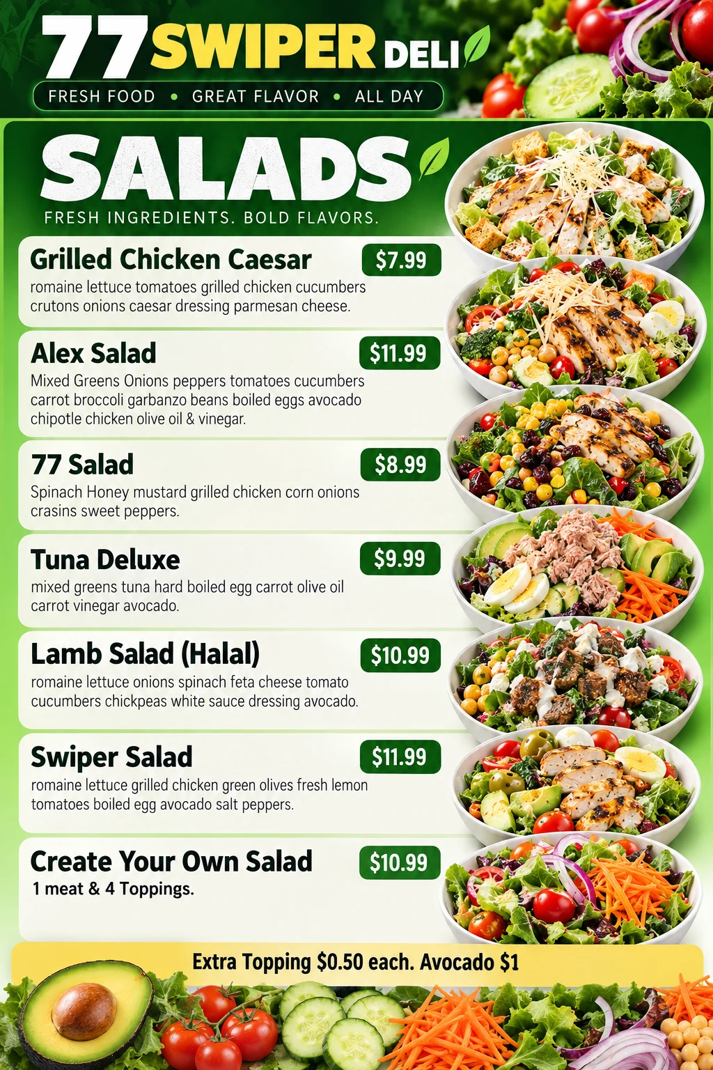 77 Swiper Deli salads menu board