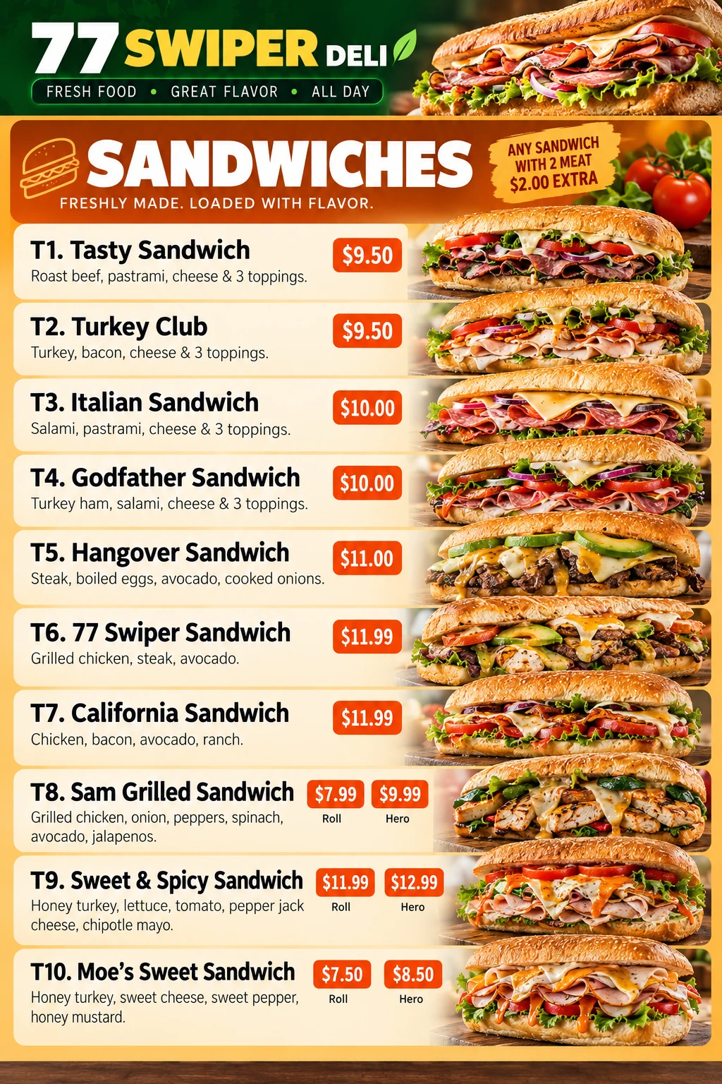 77 Swiper Deli sandwiches menu
