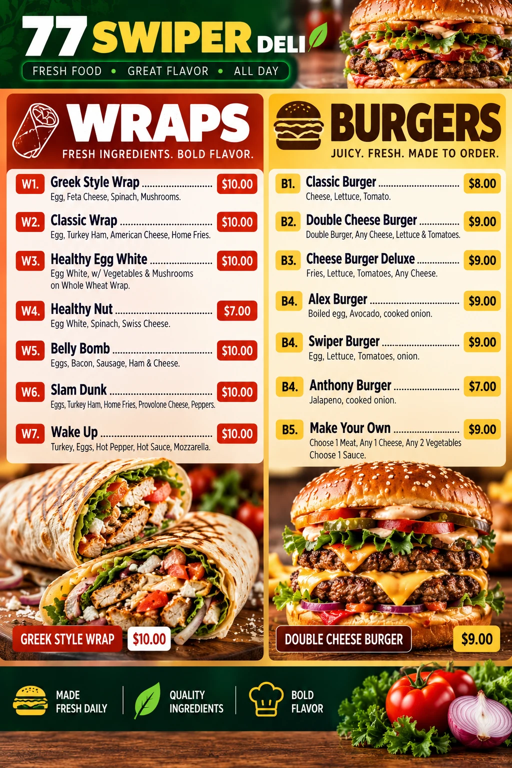 77 Swiper Deli wraps and burgers menu
